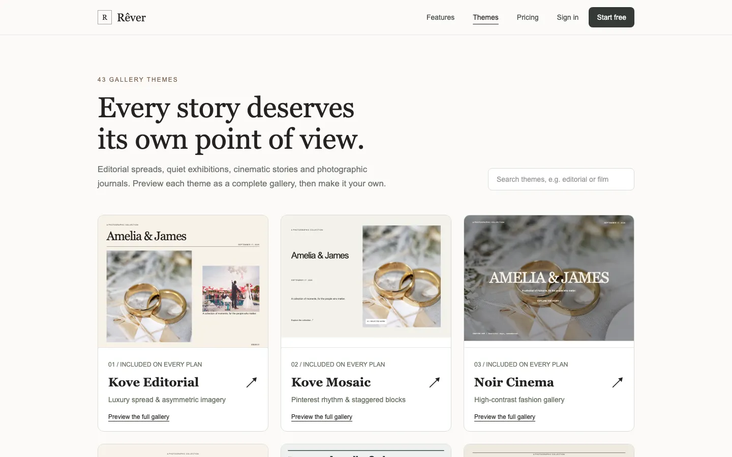 Rêver theme picker with Kove Editorial, Kove Mosaic and Noir Cinema gallery themes